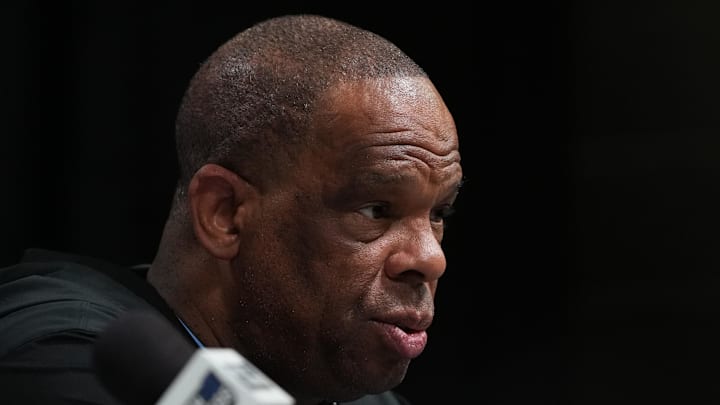 Mar 18, 2026; Greenville, SC, USA; North Carolina Tar Heels head coach Hubert Davis during a press conference ahead of the first round of the men's 2026 NCAA Tournament at Bon Secours Wellness Arena. Mandatory Credit: Bob Donnan-Imagn Images