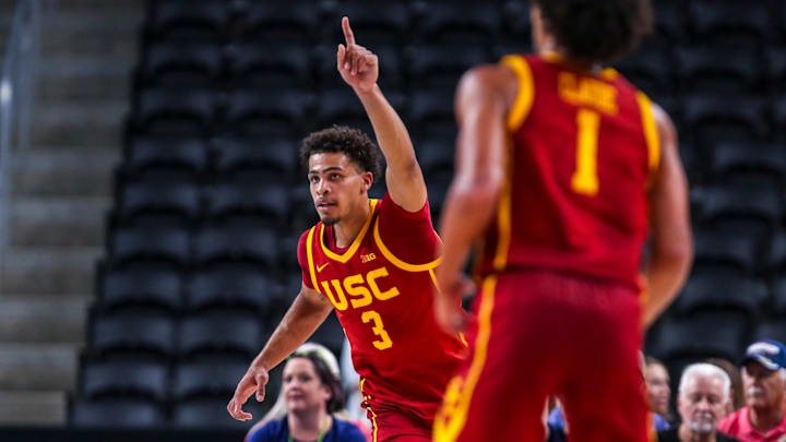USC Trojans forward Matt Knowling (3) celebrates a basket during the first half of their exhibition game at Acrisure Arena in Palm Desert, Calif., Saturday, Oct. 26, 2024.