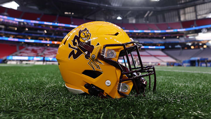 Jan 1, 2025; Atlanta, GA, USA; A detail view of an Arizona State Sun Devils helmet before the Peach Bowl at Mercedes-Benz Stadium. Mandatory Credit: Brett Davis-Imagn Images