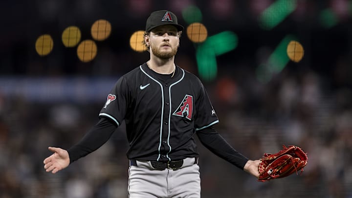 Sep 3, 2024; San Francisco, California, USA;  Arizona Diamondbacks starting pitcher Ryne Nelson (19) gestures as he walks off the field after throwing against the San Francisco Giants during the fourth inning at Oracle Park. Mandatory Credit: John Hefti-Imagn Images