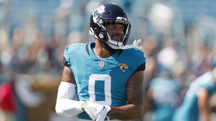 Oct 27, 2024; Jacksonville, Florida, USA; Jacksonville Jaguars wide receiver Gabe Davis (0) before the game against the Green Bay Packers at EverBank Stadium.  