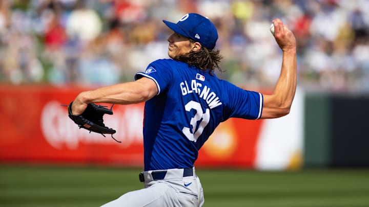 Feb 24, 2024; Tempe, Arizona, USA; Los Angeles Dodgers pitcher Tyler Glasnow against the Los Angeles