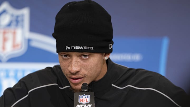 Feb 26, 2026; Indianapolis, IN, USA; Clemson defensive back Avieon Terrell (DB31) speaks to media members during the NFL Combine at the Indiana Convention Center. Mandatory Credit: Jacob Musselman-Imagn Images