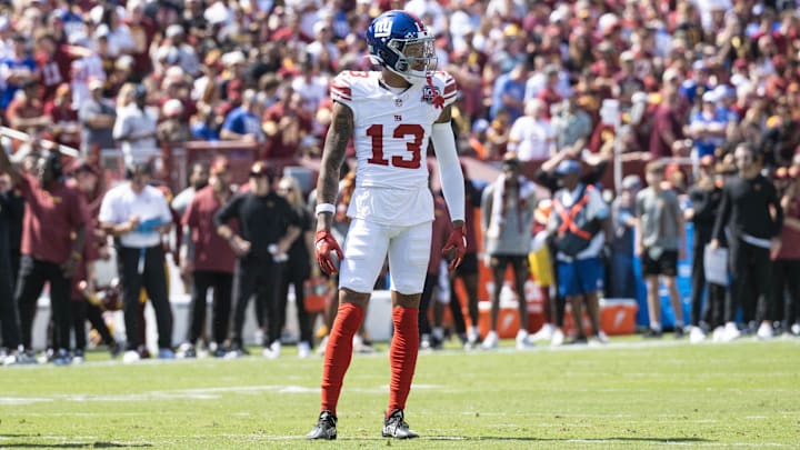 Sep 15, 2024; Landover, Maryland, USA; New York Giants wide receiver Jalin Hyatt (13) lines up during the first half vs. Commanders. Sep 15, 2024; Landover, Maryland, USA; New York Giants wide receiver Jalin Hyatt (13) lines up during the first half vs. Commanders.