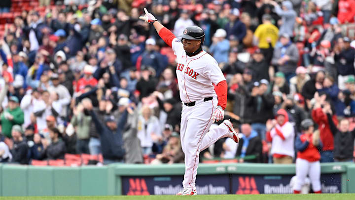 Apr 6, 2025; Boston, Massachusetts, USA; Boston Red Sox designated hitter Rafael Devers (11) reacts to hitting a home run against the St. Louis Cardinals during the fifth inning at Fenway Park. Mandatory Credit: Eric Canha-Imagn Images Apr 6, 2025; Boston, Massachusetts, USA; Boston Red Sox designated hitter Rafael Devers (11) reacts to hitting a home run against the St. Louis Cardinals during the fifth inning at Fenway Park. Mandatory Credit: Eric Canha-Imagn Images