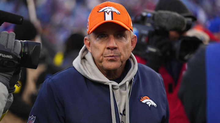 Jan 12, 2025; Orchard Park, New York, USA; Denver Broncos head coach Sean Payton walks off the field after losing to the Buffalo Bills in an AFC wild card game at Highmark Stadium. 