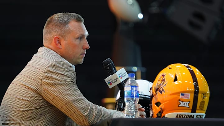 Jul 8, 2025; Frisco, TX, USA; Arizona State head coach Kenny Dillingham addresses the media during 2025 Big 12 Football Media Days at The Star. Mandatory Credit: Raymond Carlin III-Imagn Images Jul 8, 2025; Frisco, TX, USA; Arizona State head coach Kenny Dillingham addresses the media during 2025 Big 12 Football Media Days at The Star. Mandatory Credit: Raymond Carlin III-Imagn Images