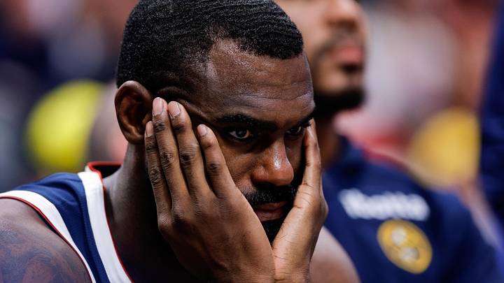 Apr 6, 2026; Denver, Colorado, USA; Denver Nuggets guard Tim Hardaway Jr. (10) on the bench in the fourth quarter against the Portland Trail Blazers at Ball Arena. Mandatory Credit: Isaiah J. Downing-Imagn Images