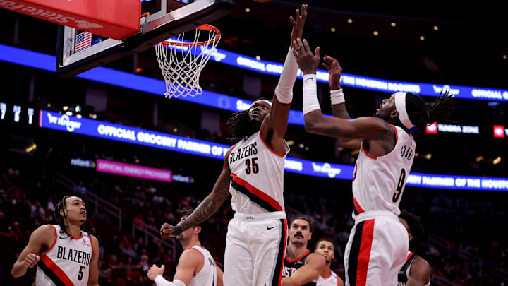 Nov 22, 2024; Houston, Texas, USA; Portland Trail Blazers center Robert Williams III (35) rebounds against the Houston Rockets during the first quarter at Toyota Center. Mandatory Credit: Erik Williams-Imagn Images