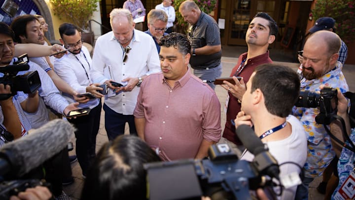 Nov 7, 2023; Scottsdale, AZ, USA; Los Angeles Angels general manager Perry Minasian speaks to the media during the MLB General Manager's Meetings at Omni Scottsdale Resort & Spa. Mandatory Credit: Mark J. Rebilas-Imagn Images Nov 7, 2023; Scottsdale, AZ, USA; Los Angeles Angels general manager Perry Minasian speaks to the media during the MLB General Manager's Meetings at Omni Scottsdale Resort & Spa. Mandatory Credit: Mark J. Rebilas-Imagn Images
