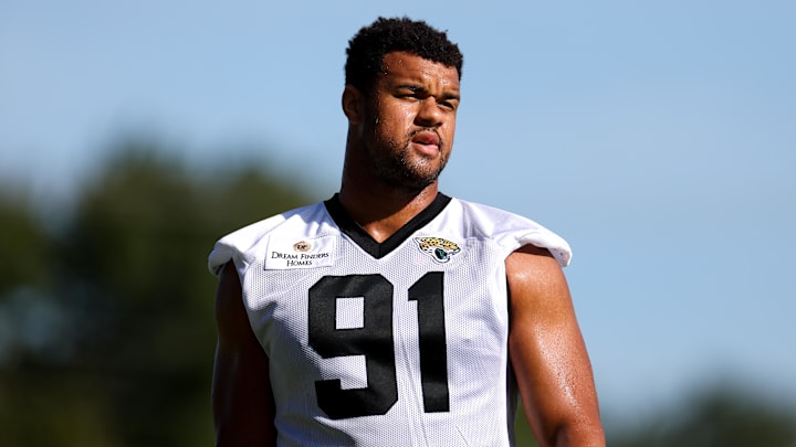 Jul 24, 2024; Jacksonville, FL, USA; Jacksonville Jaguars defensive end Arik Armstead (91) participates in training camp at Miller Electric Center. Mandatory Credit: Nathan Ray Seebeck-Imagn Images