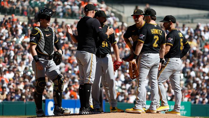 The Pittsburgh Pirates congratulates Kirby Yates on his last game during the second inning against the Detroit Tigers at Comerica Park on Saturday. The Pittsburgh Pirates congratulates Kirby Yates on his last game during the second inning against the Detroit Tigers at Comerica Park on Saturday.