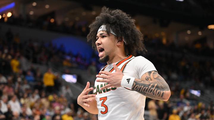 Mar 20, 2026; St. Louis, MO, USA; Miami (FL) Hurricanes guard Tre Donaldson (3) reacts before the game to start against the Missouri Tigers during a first round game of the men's 2026 NCAA Tournament at Enterprise Center. Mandatory Credit: Jeff Curry-Imagn Images