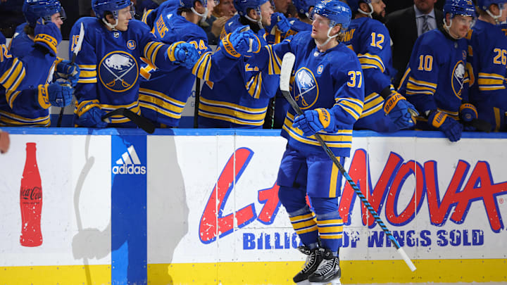Feb 25, 2024; Buffalo, New York, USA;  Buffalo Sabres center Casey Mittelstadt (37) celebrates his