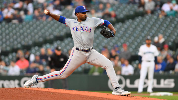 Sep 12, 2024; Seattle, Washington, USA; Texas Rangers starting pitcher Kumar Rocker (80) pitches to the Seattle Mariners during the first inning at T-Mobile Park. 