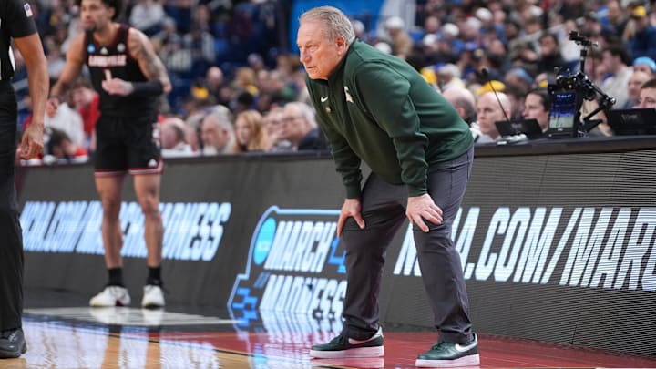 Mar 21, 2026; Buffalo, NY, USA; Michigan State Spartans head coach Tom Izzo looks on during the first half against the Louisville Cardinals during a second round game of the men's 2026 NCAA Tournament at Keybank Center. Mandatory Credit: Gregory Fisher-Imagn Images