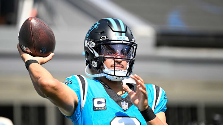 Sep 21, 2025; Charlotte, North Carolina, USA; Carolina Panthers quarterback Bryce Young (9) warms up before the game at Bank of America Stadium. Mandatory Credit: Bob Donnan-Imagn Images