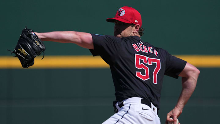 Mar 2, 2024; Goodyear, Arizona, USA; Cleveland Guardians starting pitcher Shane Bieber (57) pitches against the Kansas City Royals during the first inning at Goodyear Ballpark. Mandatory Credit: Joe Camporeale-Imagn Images Mar 2, 2024; Goodyear, Arizona, USA; Cleveland Guardians starting pitcher Shane Bieber (57) pitches against the Kansas City Royals during the first inning at Goodyear Ballpark. Mandatory Credit: Joe Camporeale-Imagn Images