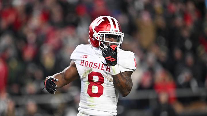 Nov 28, 2025; West Lafayette, Indiana, USA; Indiana Hoosiers running back Kaelon Black (8) celebrates after scoring a touchdown during the second quarter against the Purdue Boilermakers at Ross-Ade Stadium. Mandatory Credit: Marc Lebryk-Imagn Images