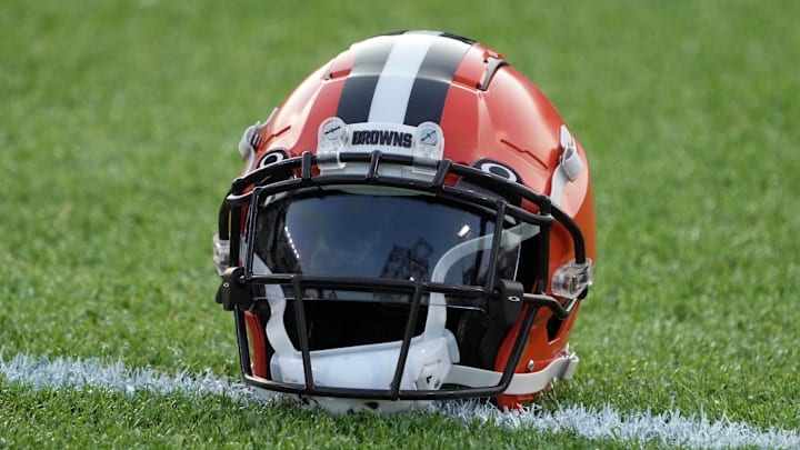 Aug 3, 2023; Canton, Ohio, USA; A Cleveland Browns helmet with Oakley visor on the field at Tom Benson Hall of Fame Stadium. Mandatory Credit: Kirby Lee-Imagn Images