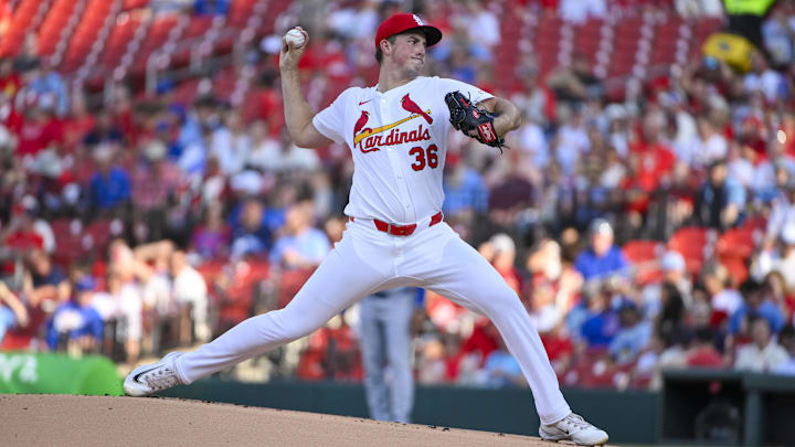 Jun 24, 2025; St. Louis, Missouri, USA;  St. Louis Cardinals starting pitcher Michael McGreevy (36) pitches against the Chicago Cubs during the first inning at Busch Stadium. Mandatory Credit: Jeff Curry-Imagn Images