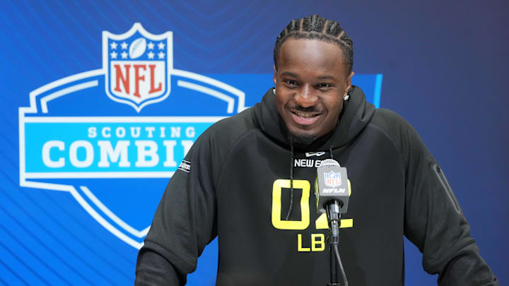 Feb 26, 2025; Indianapolis, IN, USA; Oregon linebacker Jeffrey Bassa (LB02) during the 2025 NFL Scouting Combine at the Indiana Convention Center. 