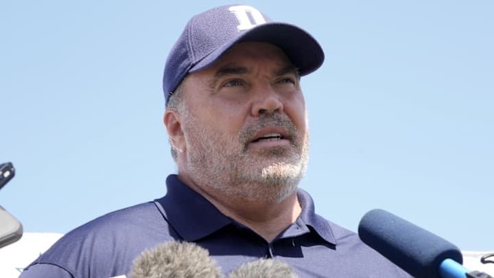 Dallas Cowboys coach Mike McCarthy at press conference during joint practice against the Los Angeles Chargers at Jack Hammett Sports Complex.