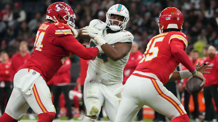 Miami Dolphins defensive tackle Christian Wilkins (94) pressures Kansas City Chiefs quarterback Patrick Mahomes (15) in the first half during an NFL International Series game at Deutsche Bank Park.