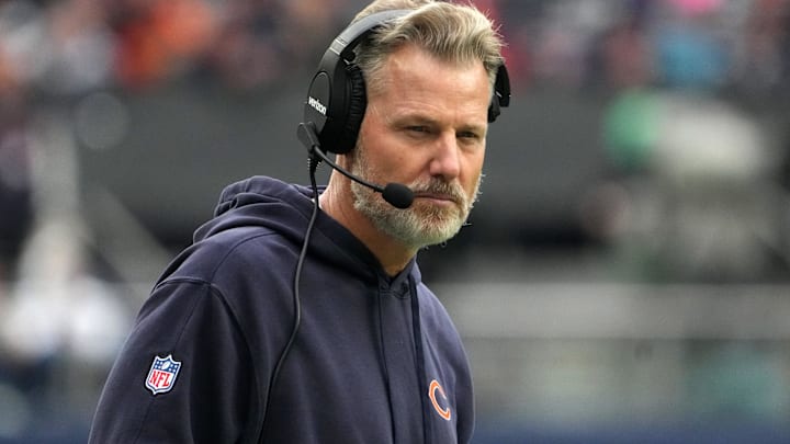 Chicago Bears coach Matt Eberflus watches from the sidelines against the Jacksonville Jaguars in the second half during an NFL International Series game at Tottenham Hotspur Stadium.