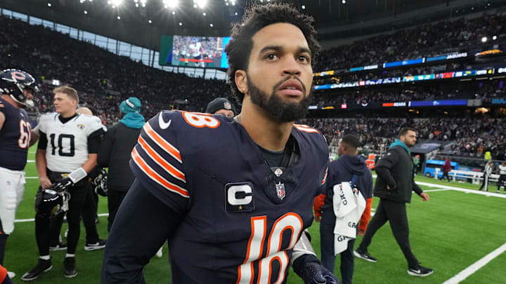 Chicago Bears quarterback Caleb Williams (18) reacts after an NFL International Series game against the Jacksonville Jaguars at Tottenham Hotspur Stadium.