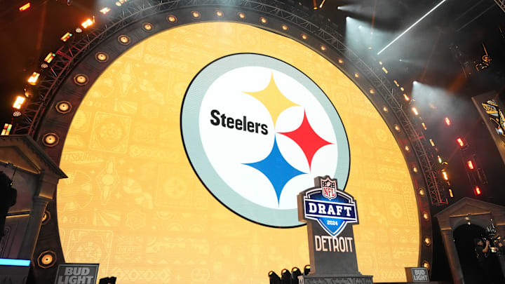 A Pittsburgh Steelers logo during the 2024 NFL Draft at Campus