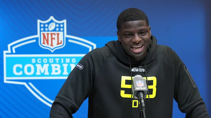 Feb 27, 2025; Indianapolis, IN, USA; UCLA defensive lineman Oluwafemi Oladejo (DL58) during the 2025 NFL Scouting Combine at the Indiana Convention Center. Mandatory Credit: Kirby Lee-Imagn Images
