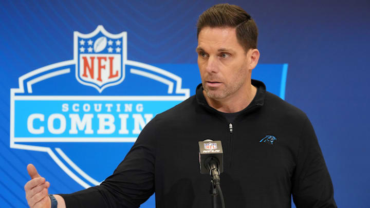 Carolina Panthers general manager Dan Morgan speaks during the NFL Scouting Combine.