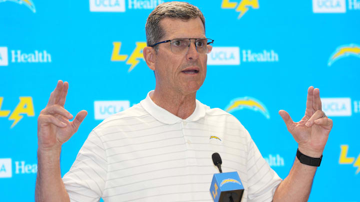 May 7, 2025; El Segundo CA, USA; Los Angeles Chargers coach Jim Harbaugh during press conference at The Bolt. Mandatory Credit: Kirby Lee-Imagn Images