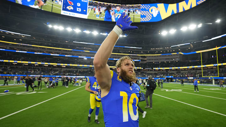 Dec 28, 2024; Inglewood, California, USA; Los Angeles Rams wide receiver Cooper Kupp (10) leaves the field after the game against the Arizona Cardinals at SoFi Stadium. Mandatory Credit: Kirby Lee-Imagn Images