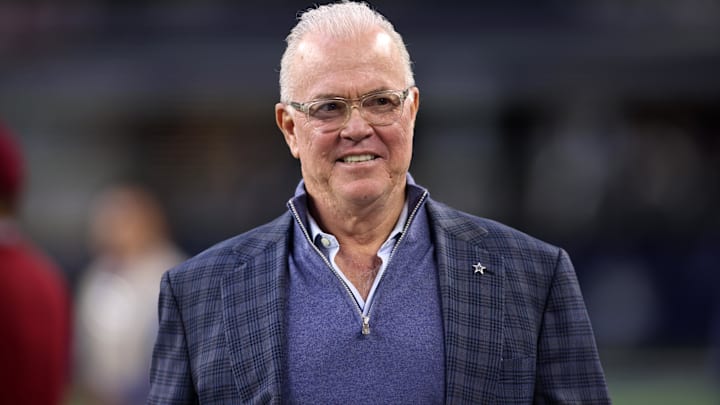 Dec 22, 2024; Arlington, Texas, USA; Dallas Cowboys CEO Stephen Jones walks on the field before the game against the Tampa Bay Buccaneers at AT&T Stadium. Mandatory Credit: Tim Heitman-Imagn Images