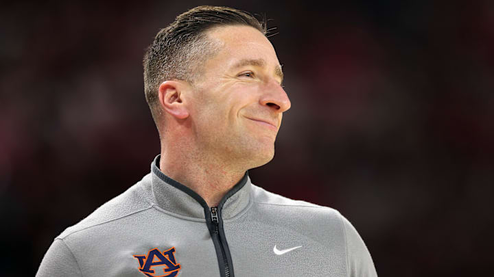 Feb 14, 2026; Fayetteville, Arkansas, USA; Auburn Tigers head coach Steven Pearl during the second half against the Arkansas Razorbacks at Bud Walton Arena. Mandatory Credit: Nelson Chenault-Imagn Images