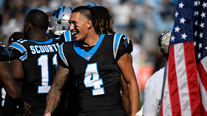 Nov 9, 2025; Charlotte, North Carolina, USA; Carolina Panthers wide receiver Tetairoa McMillan (4) during player introductions at Bank of America Stadium. Mandatory Credit: Bob Donnan-Imagn Images