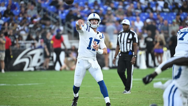 Aug 7, 2025; Baltimore, Maryland, USA; Indianapolis Colts quarterback Daniel Jones (17) attempts a pass against the Baltimore Ravens during the first quarter at M&T Bank Stadium. Mandatory Credit: Rafael Suanes-Imagn Images