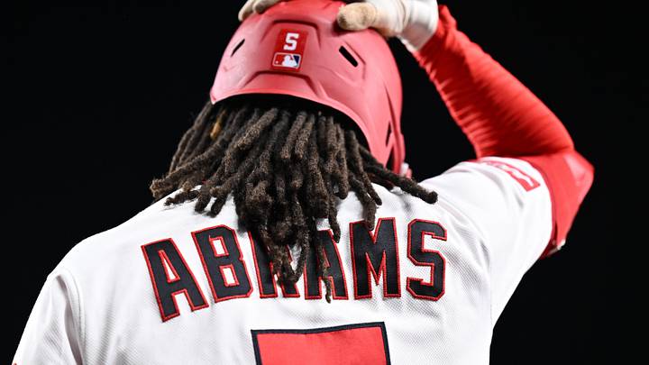 Apr 22, 2026; Washington, District of Columbia, USA;  Washington Nationals infielder CJ Abrams (5) warms up to bat in the seventh inning against the Atlanta Braves at Nationals Park. Mandatory Credit: Jamie Sabau-Imagn Images