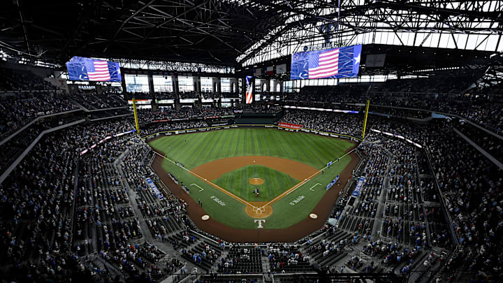 A view of the field and the USA flag before the game between the Texas Rangers and the Seattle Mariners at Globe Life Field. 
