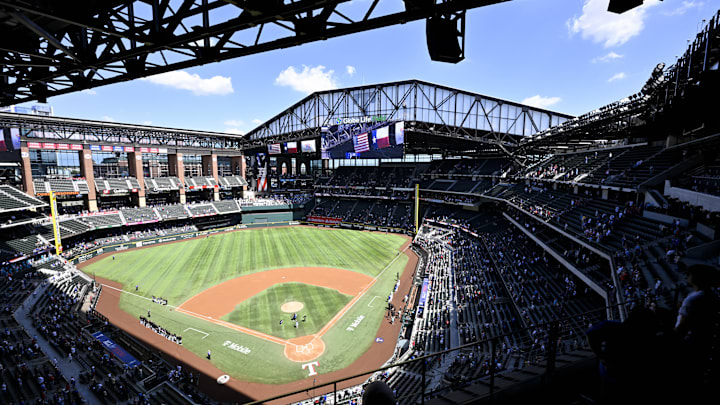 Sep 25, 2025; Arlington, Texas, USA; A view of the open roof during the first inning between the Texas Rangers and the Minnesota Twins at Globe Life Field. Sep 25, 2025; Arlington, Texas, USA; A view of the open roof during the first inning between the Texas Rangers and the Minnesota Twins at Globe Life Field.