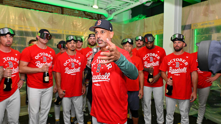Sep 26, 2025; Boston, Massachusetts, USA; Boston Red Sox manager Alex Cora (13) addresses the team after they clinched a playoff spot after their game against the Detroit Tigers at Fenway Park. Mandatory Credit: Eric Canha-Imagn Images