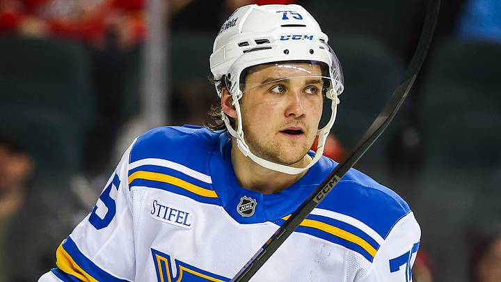 Mar 18, 2026; Calgary, Alberta, CAN; St. Louis Blues defenseman Tyler Tucker (75) skates against the Calgary Flames during the second period at Scotiabank Saddledome. Mandatory Credit: Sergei Belski-Imagn Images Mar 18, 2026; Calgary, Alberta, CAN; St. Louis Blues defenseman Tyler Tucker (75) skates against the Calgary Flames during the second period at Scotiabank Saddledome. Mandatory Credit: Sergei Belski-Imagn Images