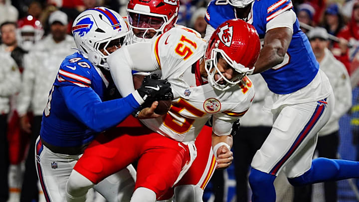 Bills Von Miller and Greg Rousseau sack Kansas City's Patrick Mahomes during first half action against the Kansas City Chiefs in Orchard Park, Nov.17, 2024.