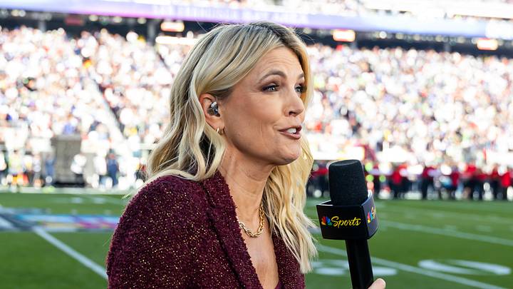 NBC Sports sideline reporter Melissa Stark prior to the New England Patriots game against the Seattle Seahawks in Super Bowl LX