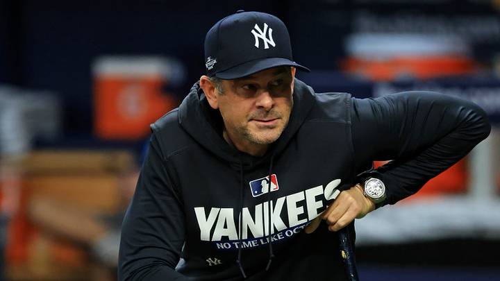 The New York Yankees manager, Aaron Boone, looks on during warmups before the game against the Tampa Bay Rays in game two of the ALDS for the 2026 MLB Playoffs at Tropicana Field. The New York Yankees manager, Aaron Boone, looks on during warmups before the game against the Tampa Bay Rays in game two of the ALDS for the 2026 MLB Playoffs at Tropicana Field.