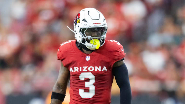 Aug 9, 2025; Glendale, Arizona, USA; Arizona Cardinals safety Budda Baker (3) against the Kansas City Chiefs during a preseason NFL game at State Farm Stadium. Mandatory Credit: Mark J. Rebilas-Imagn Images