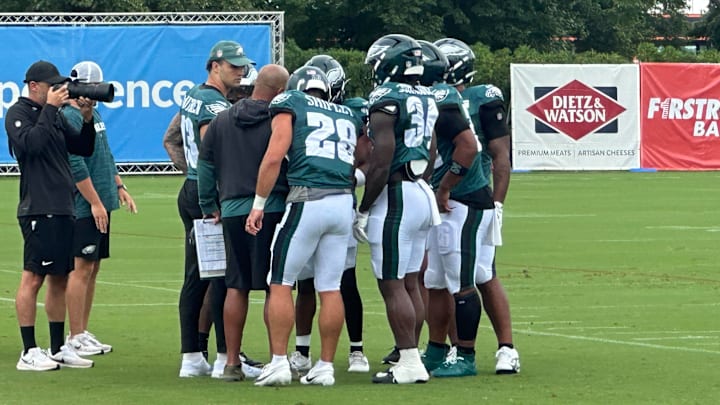 The Eagles' running backs gets instruction from Jemal Singleton during practice on August 1, 2025. The Eagles' running backs gets instruction from Jemal Singleton during practice on August 1, 2025.