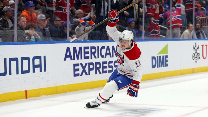 Mar 20, 2025; Elmont, New York, USA; Montreal Canadiens right wing Brendan Gallagher (11) celebrates his goal against the New York Islanders during the third period at UBS Arena. Mandatory Credit: Brad Penner-Imagn Images